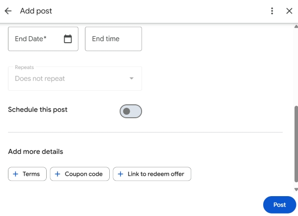 Additional details for an offer on Google Maps