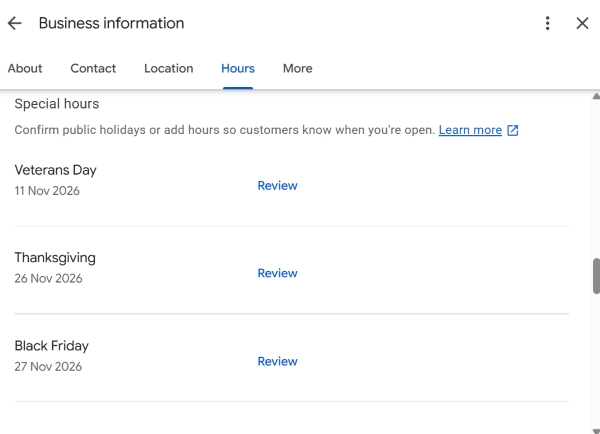Editing special opening hours on Google Maps