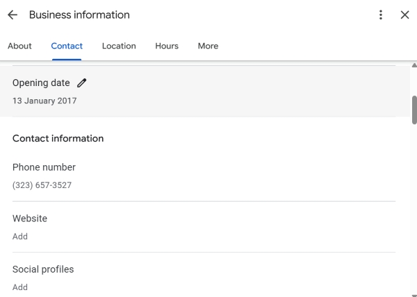 Business opening date and contact details in Google Maps