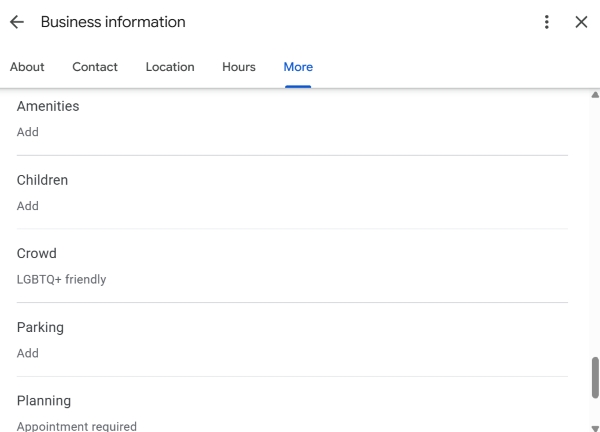 Business attributes in a Google Maps profile