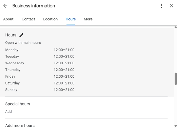 Business opening hours in a Google Maps profile
